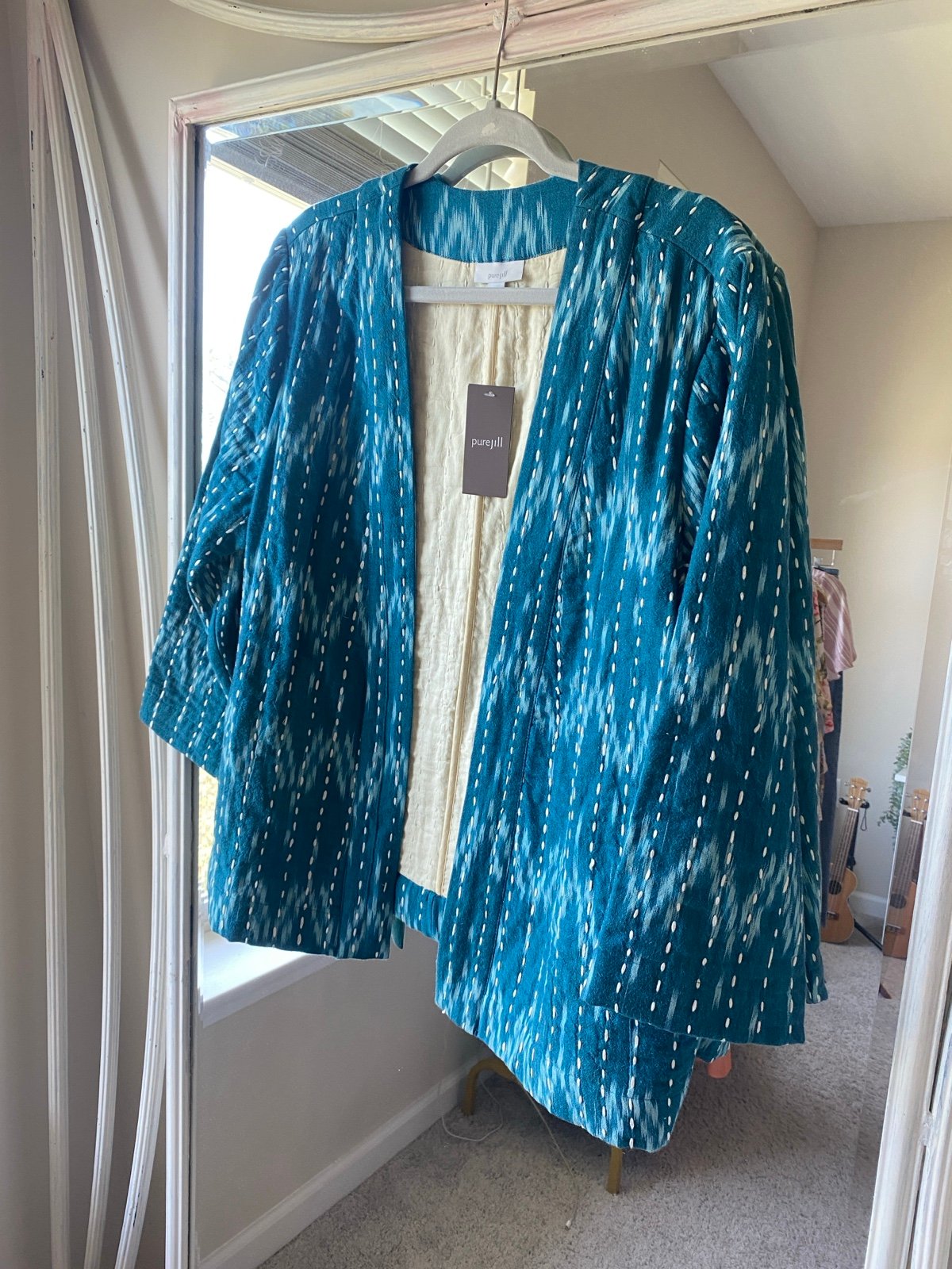 NWT J. Jill Pure Kantha Stitched Ikat Jacket Kimono Sari Open Front Large
