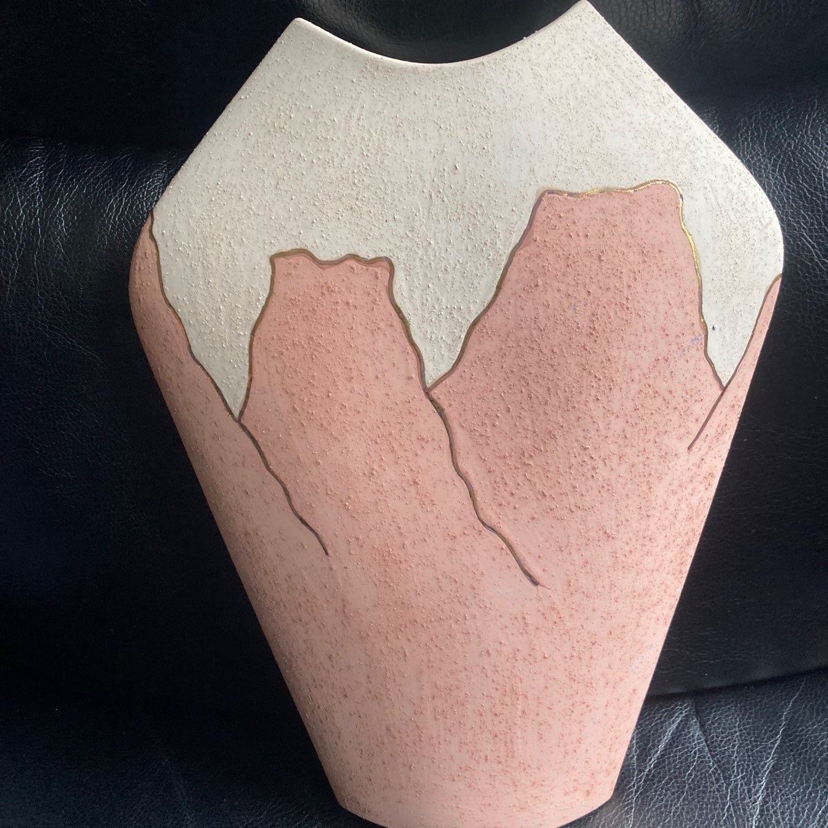 Vintage Art Deco Ceramic Vase with Mauve & Cream Designs and 22kt Gold Trim