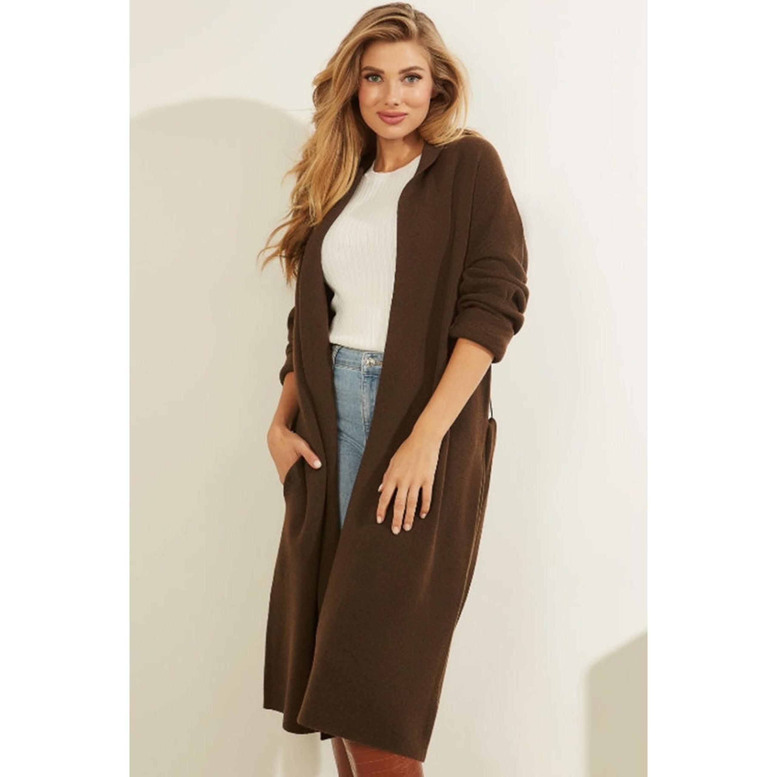 Guess Womens Cardigan Sz XL Brown Ground Coffee Cashmere Long Belted Sweater NEW