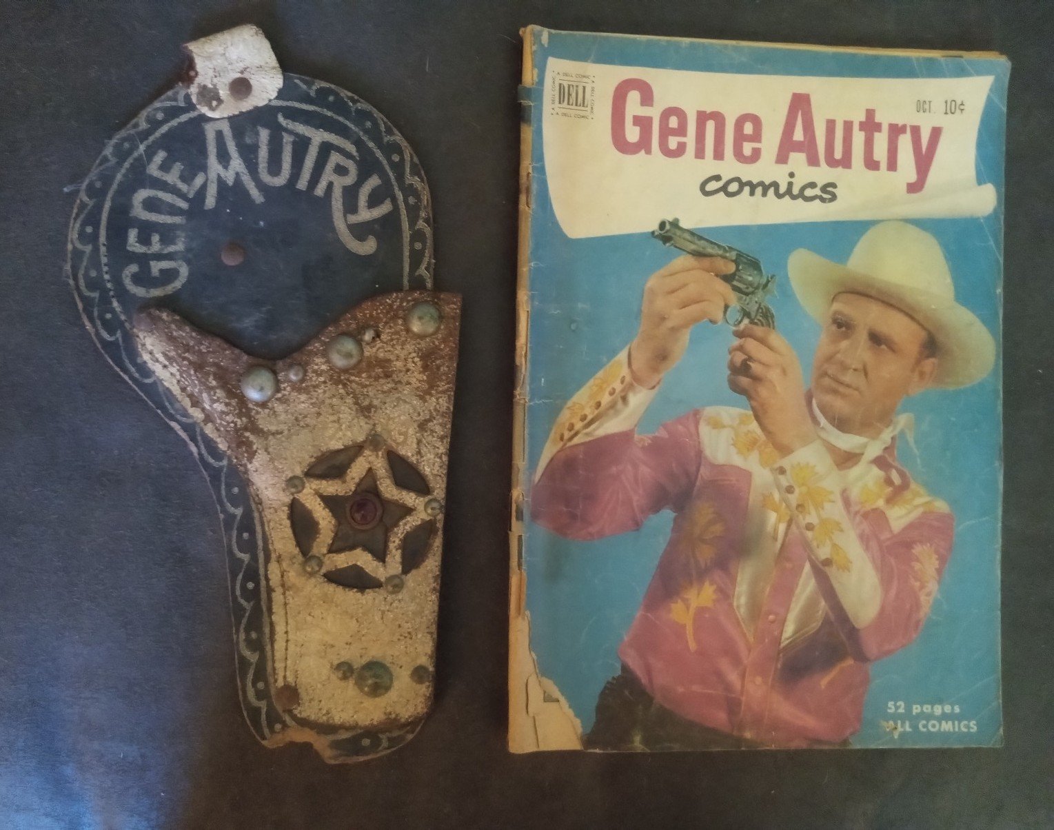 Vintage Gene Autry leather gun Holster & 1950 Dell 10 cent Comic Book