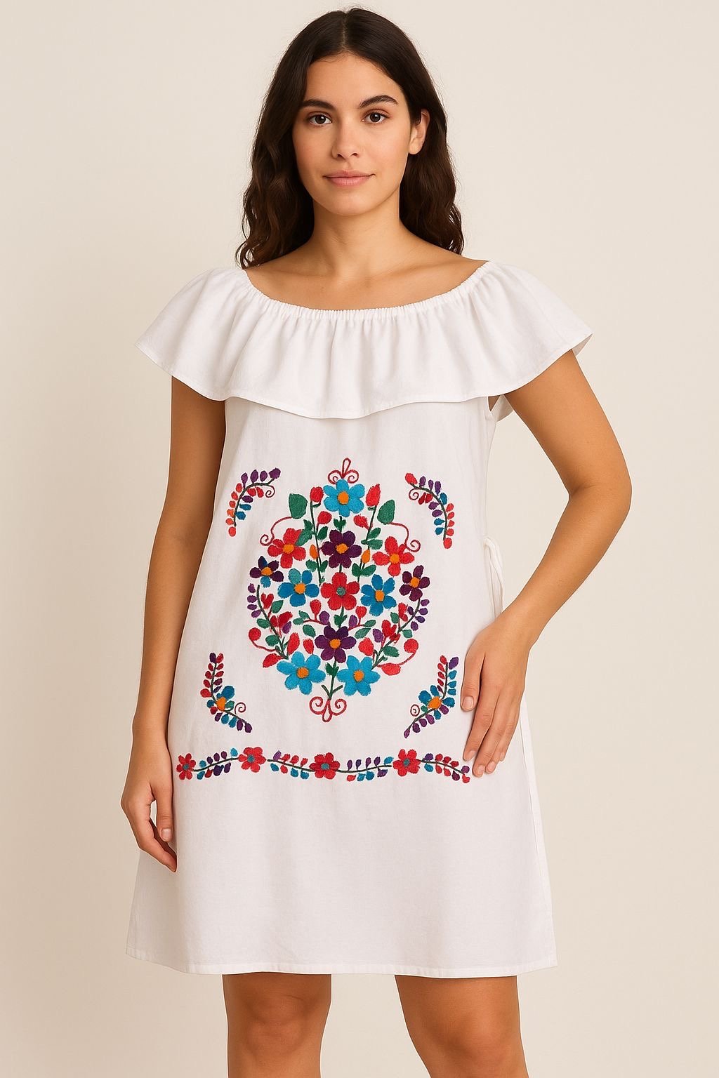 Mexican Handmade Embroidered Off Shoulder Dress –Cotton Adjustable Ties Si