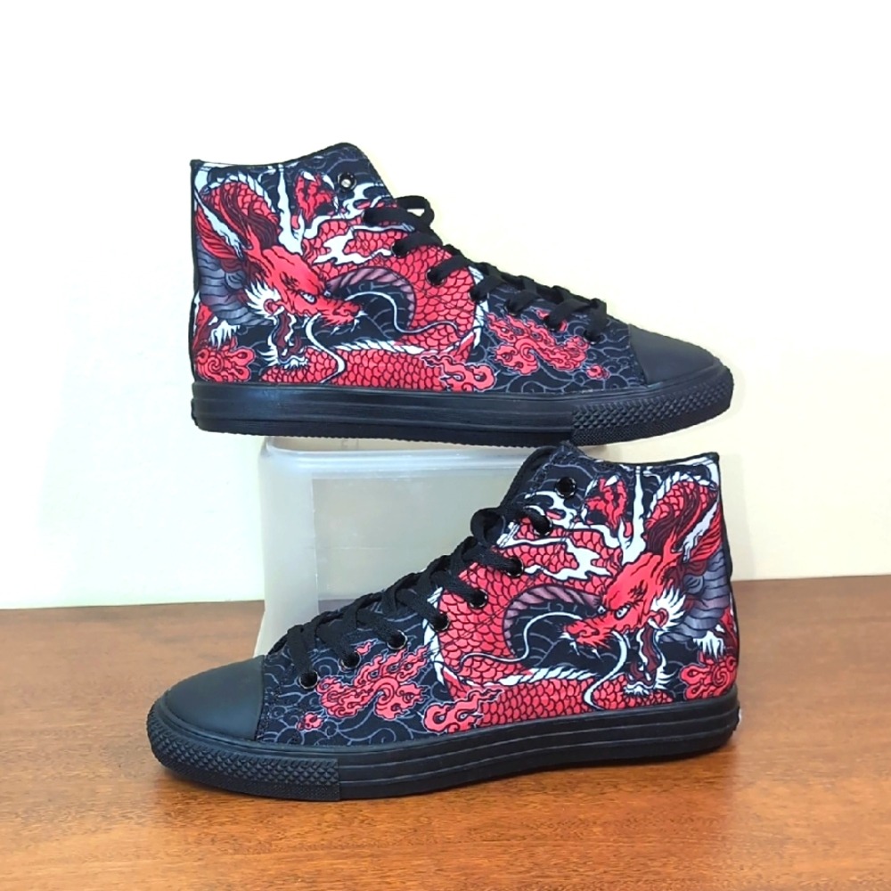 RAAD Shop Unisex Red & Black Japanese Dragon Canvas Lace Up High Top Shoes NEW
