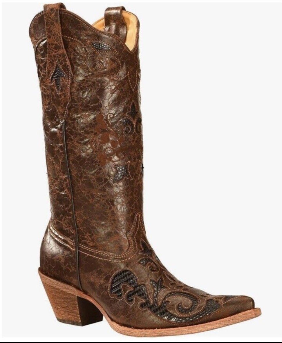 Corral Women's Chocolate Lizard Inlay Snip Toe Cowgirl Boots C2109 Size 9.5M US