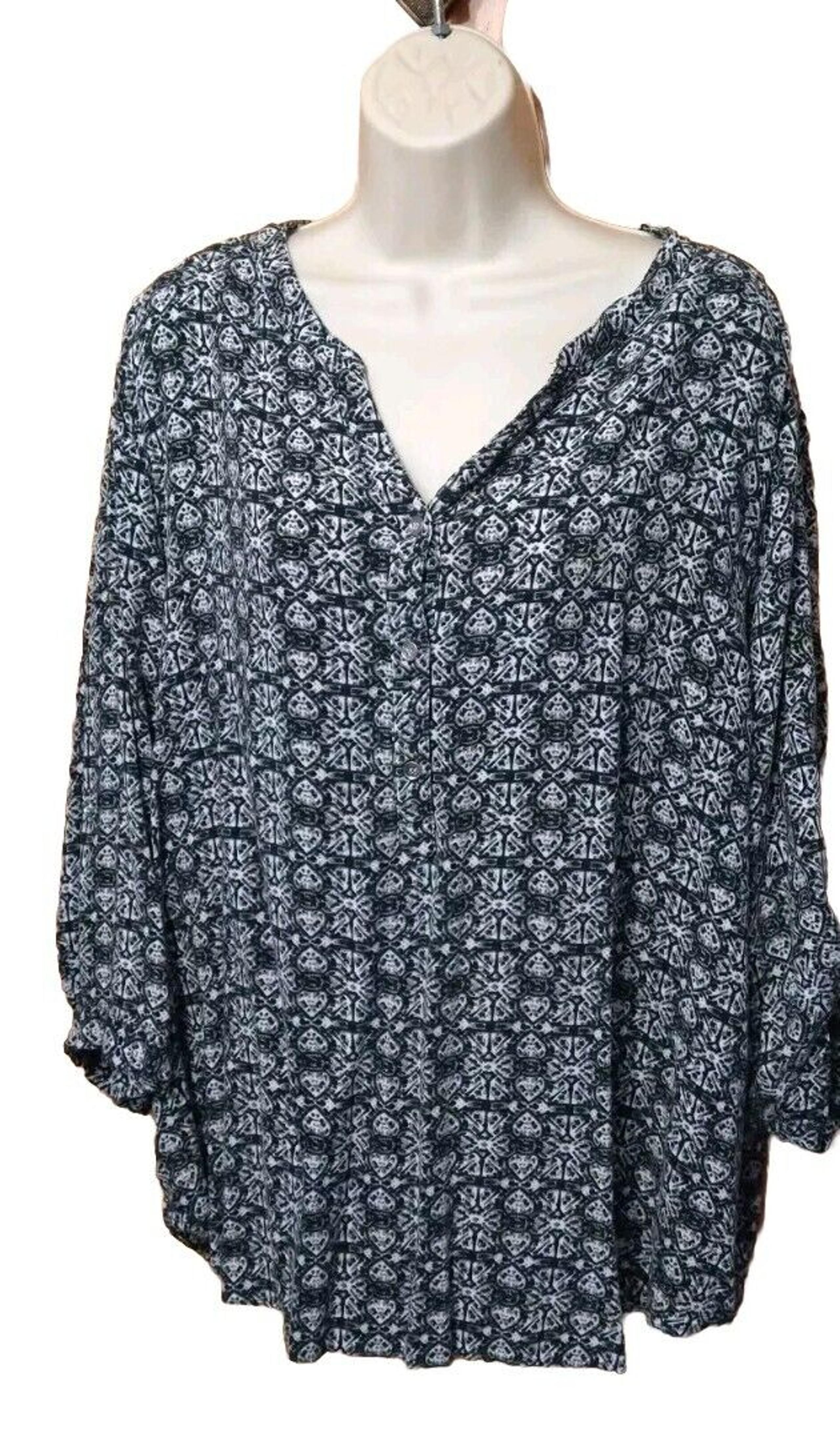 Rebecca Malone Womens Plus Size 3X Black White 3/4 Sleeve Rayon Henley Blouse