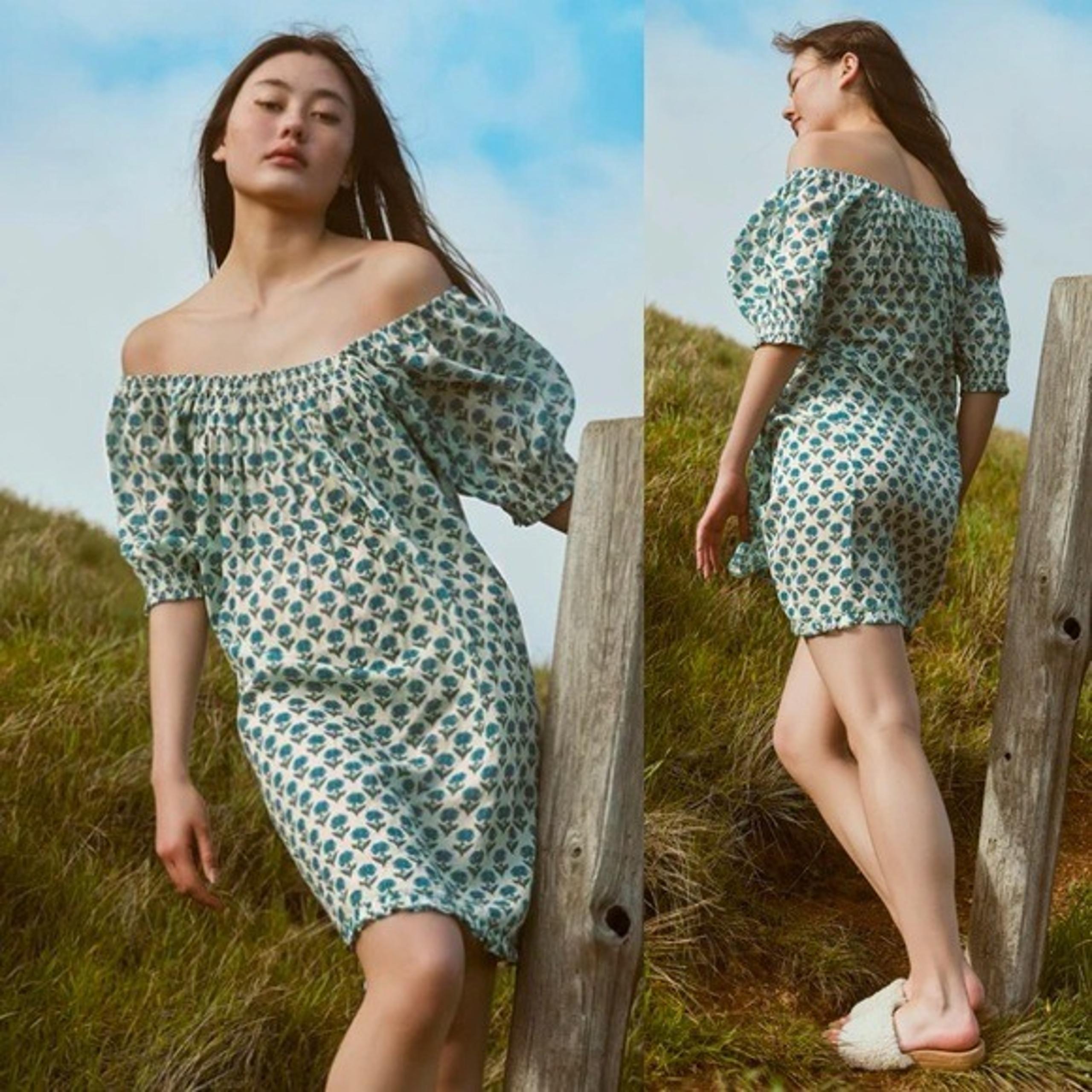 EDDY Sydney Puff Sleeve Mini Nightgown Dress In Ivory Blue Bell Floral