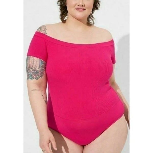 Torrid Sexy Hot Pink Ribbed Off Shoulder Womens Bodysuit Plus Size 2X
