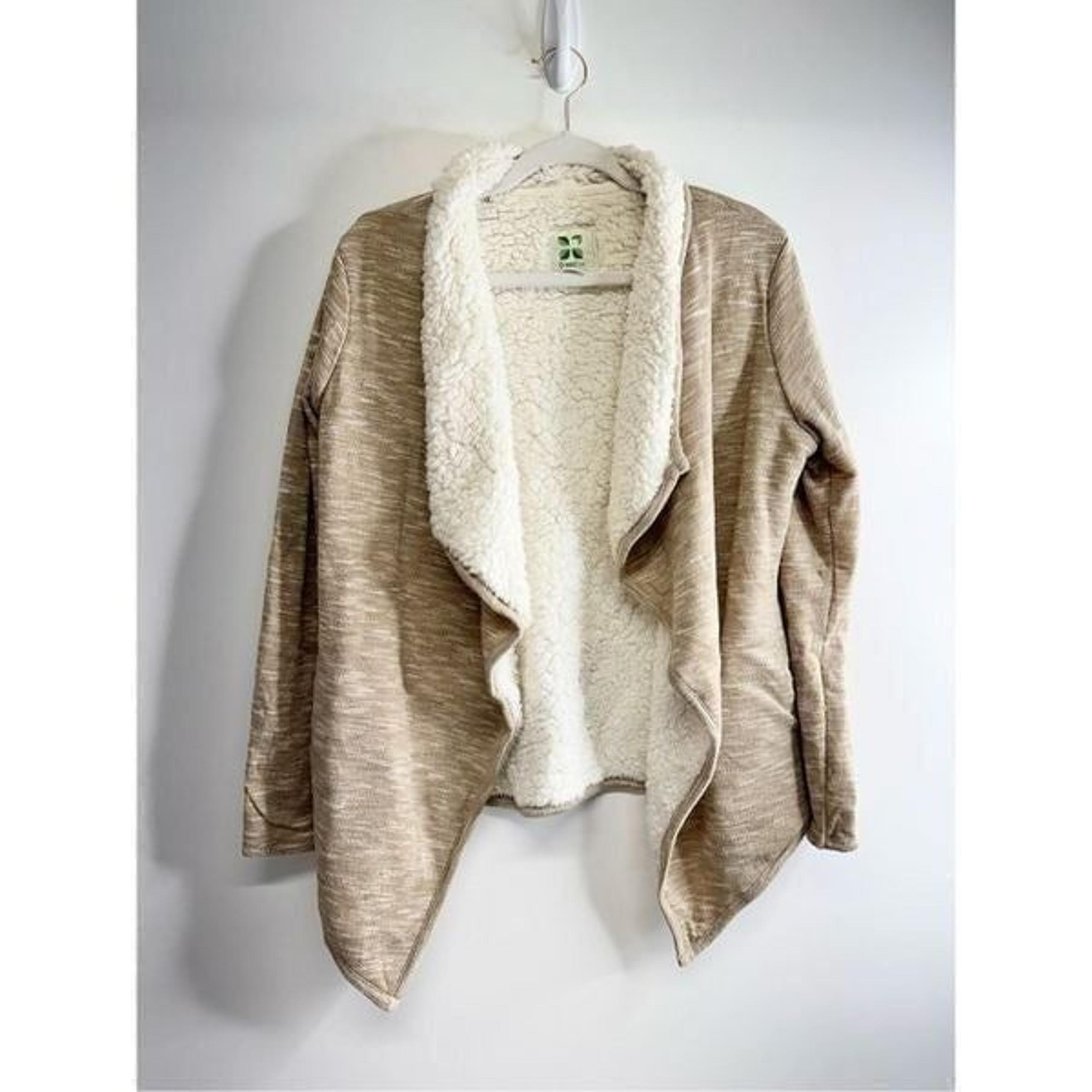 Green Tea Sherpa Lined Open Cardigan Tan Womens Size Medium Side Pockets
