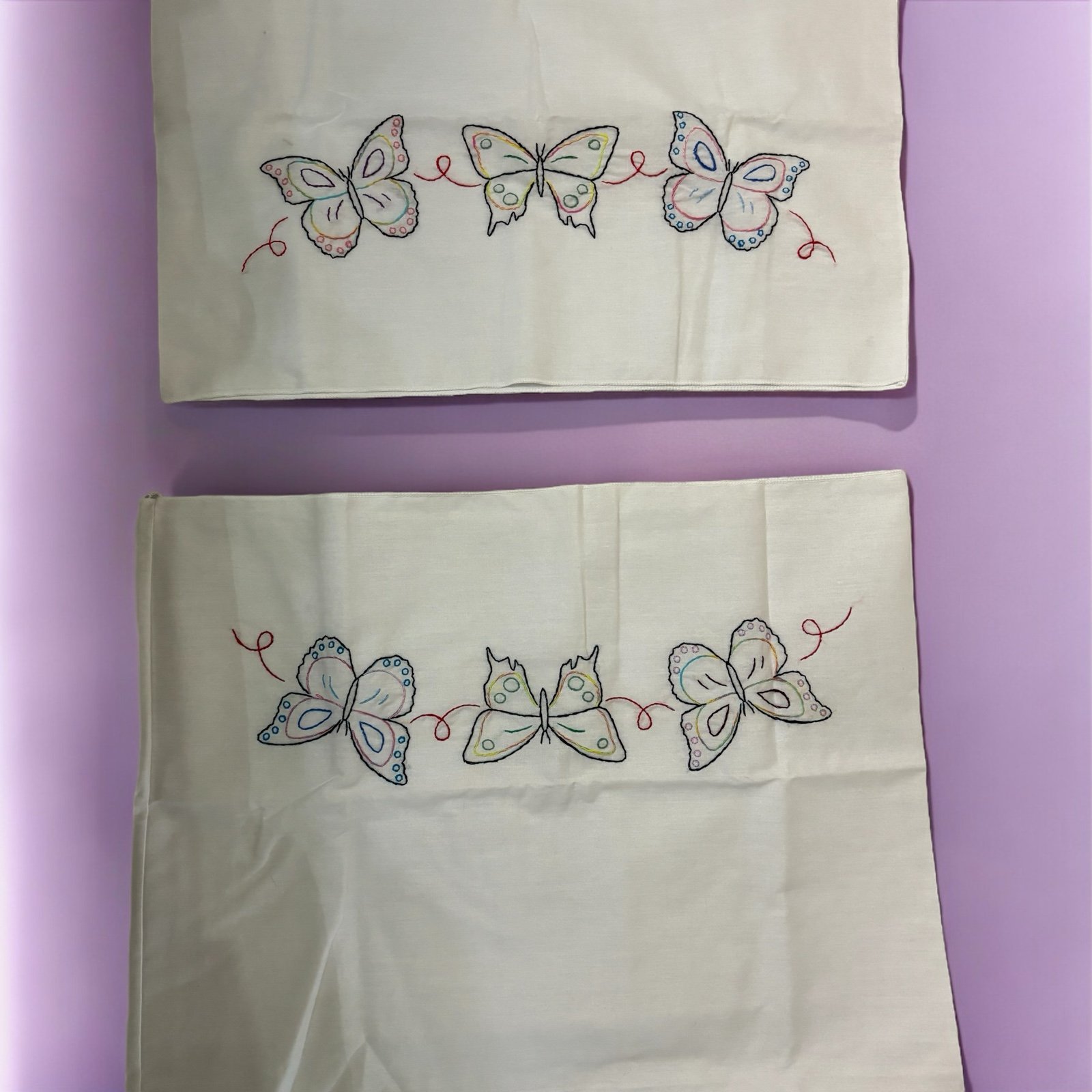 Vintage Pillow Case Set of 2 Butterflies Hand Embroidered 29”x20” Each Red Blue