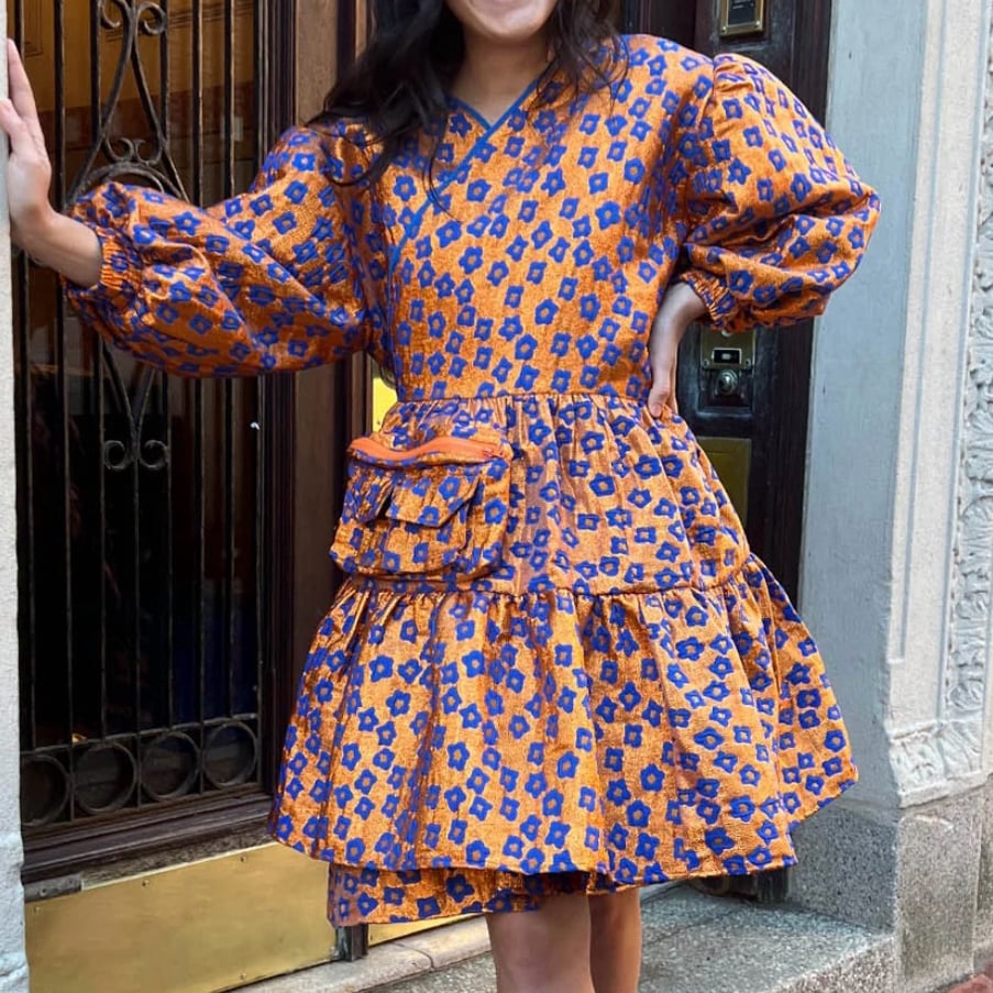 KkCo Koi Pond Utility Wrap Bubble Dress Flare Puff Sleeve Asian Floral