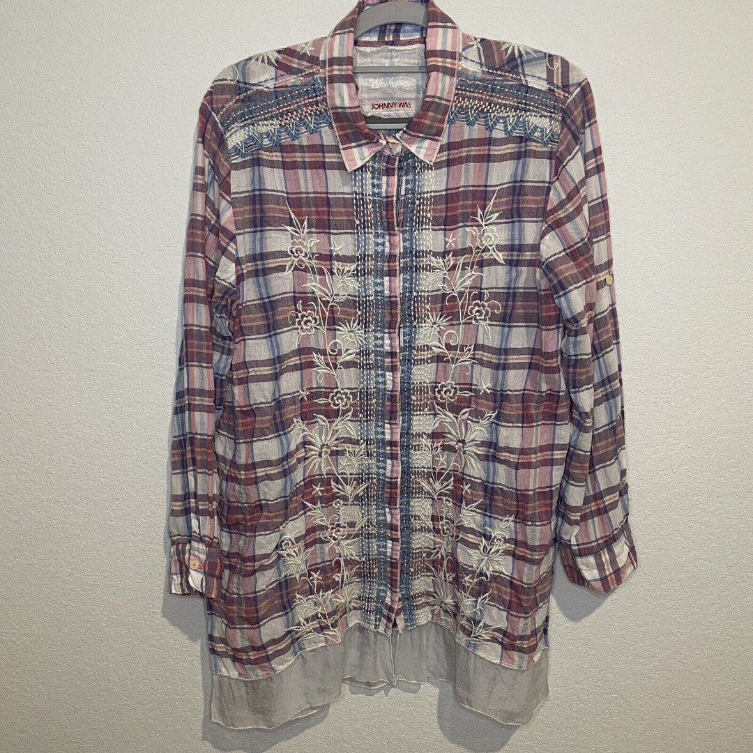 Johnny Was Shirt Plaid Size Medium Embroidered Boho Top Blue and Pink