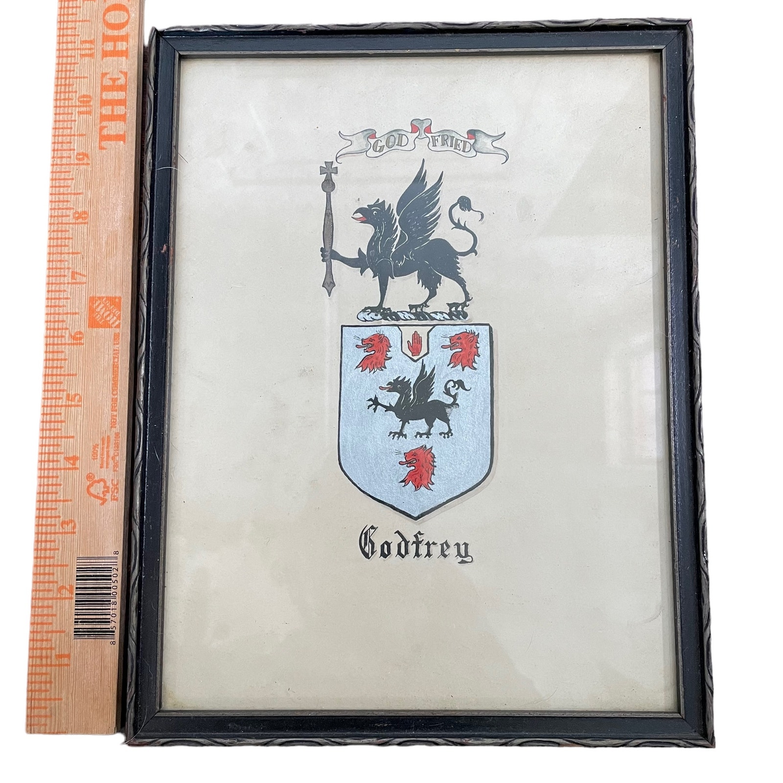 Coat of Arms Godfrey Family Hand Color Framed Art Vtg Collectible Geneology