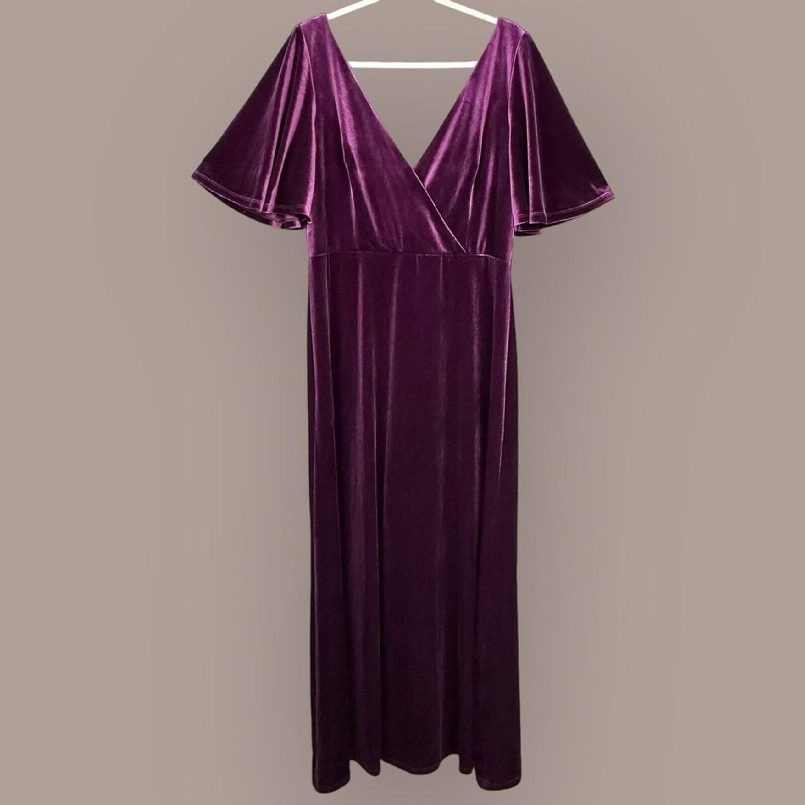 Ever Pretty Maxi Dress Womens 18 5XL Purple Velvet Flutter Sleeve V Neck Formal