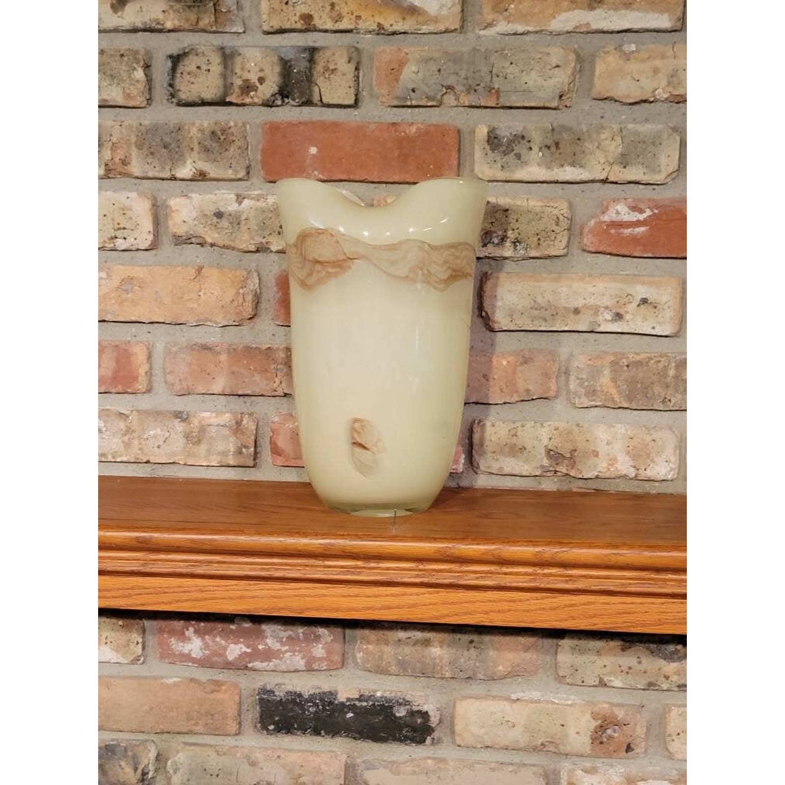 Large Vintage Art Glass Vase, Hand Blown, Browns Creams Swirl 12-1/4\