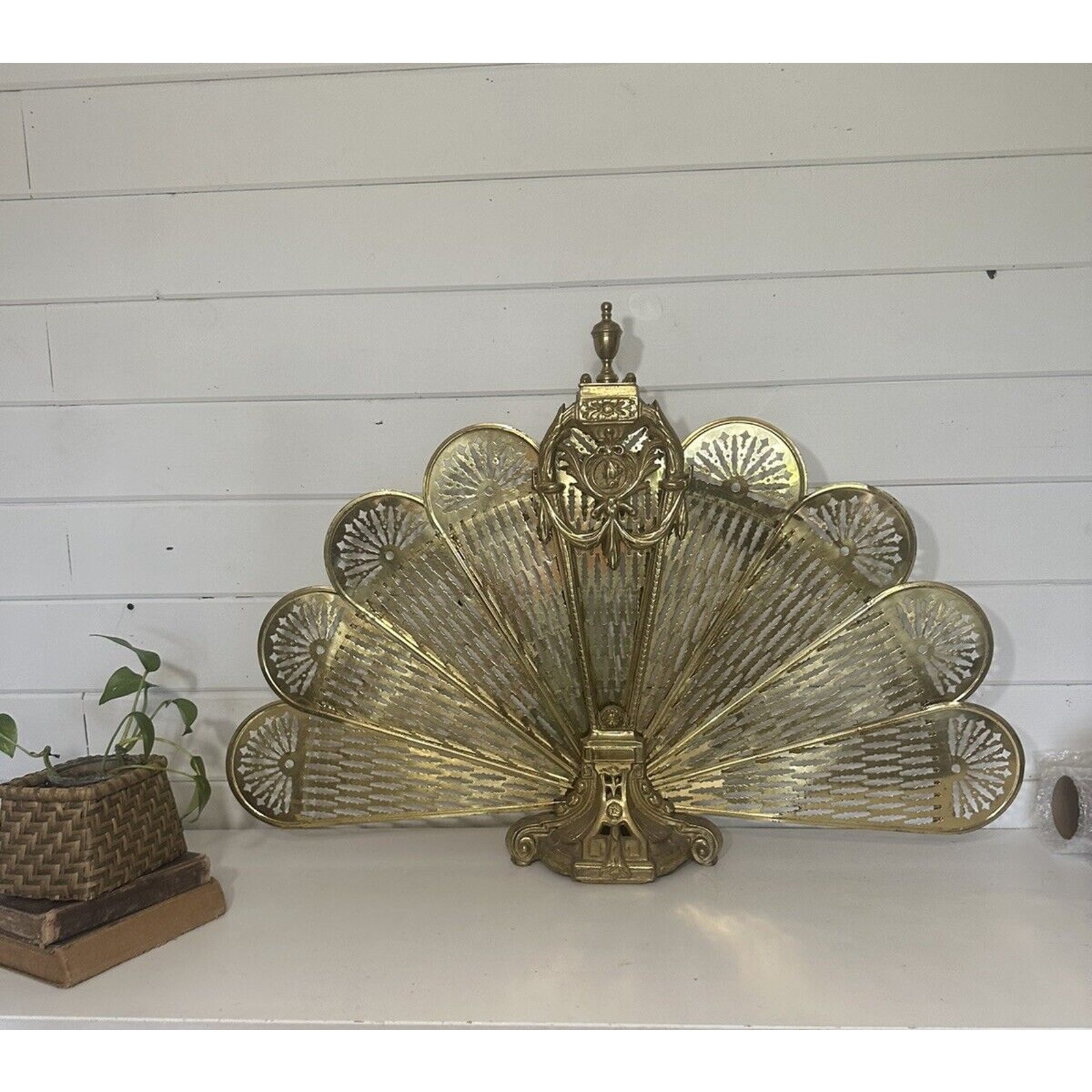VTG Cameo Pierced Brass Fireplace Screen Peacock Fan Ornate Art DECO LG 37.5X26
