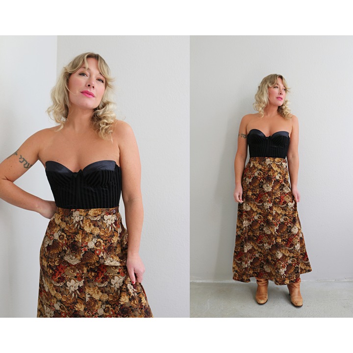 2000's Vintage Autumn Florals Notations Velvet Skirt Women's Medium Large MD LG