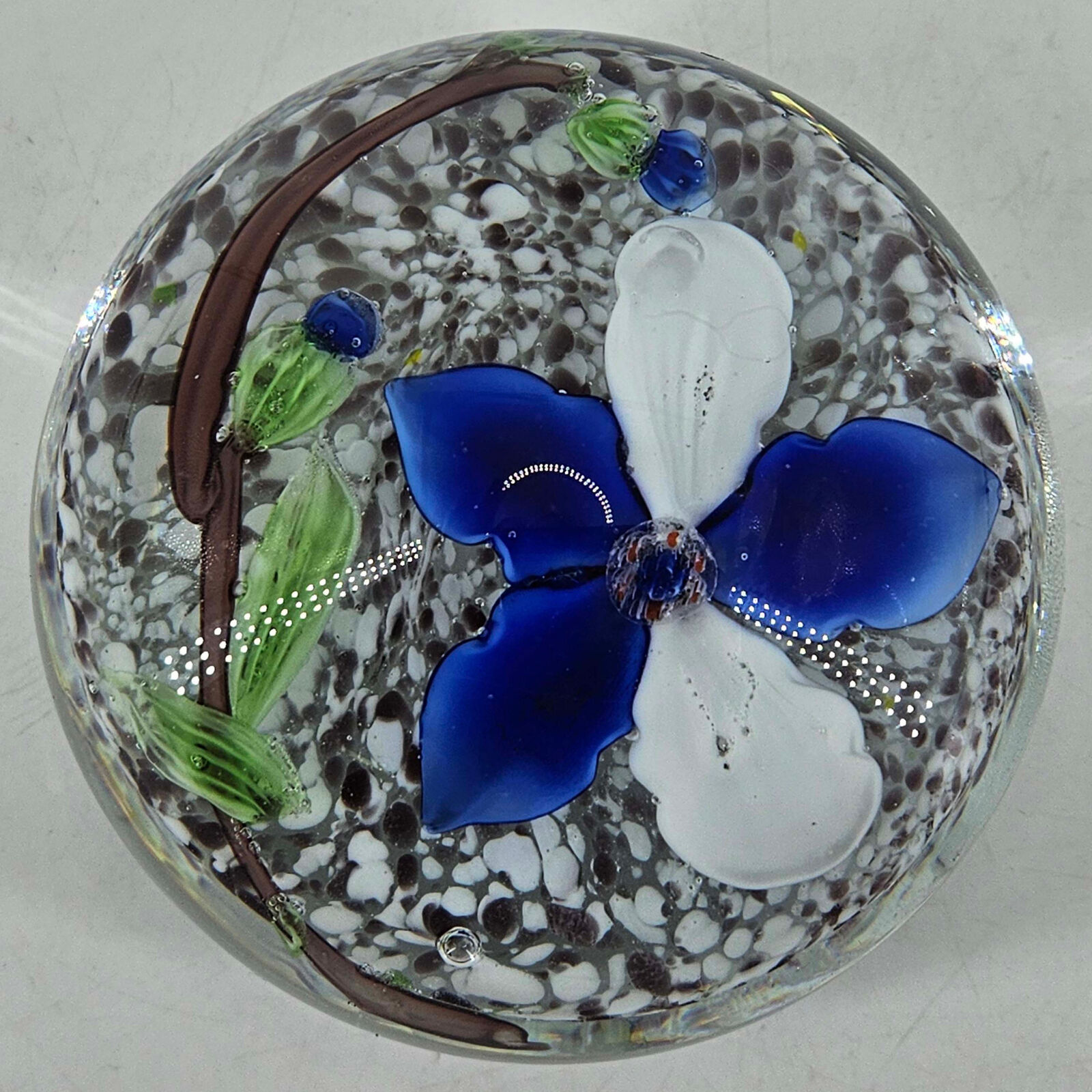 Hand blown Studio Art Glass Lampwork blue floral flower paperweight 4 