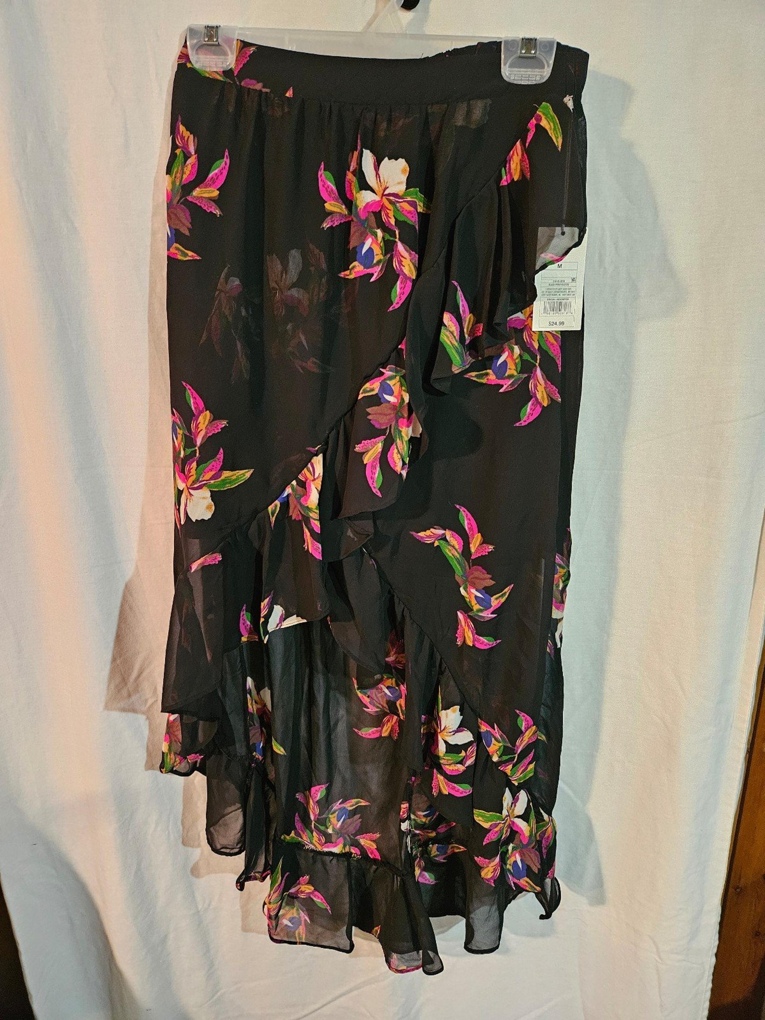 A New Day Women's Black Floral Faux Wrap Lined Skirt Size Medium