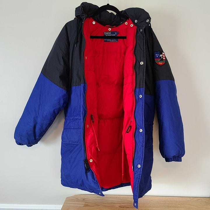 Vintage Polo Ralph Lauren Down Puffer Coat Men S Skier w/ Hood Gorpcore Distress