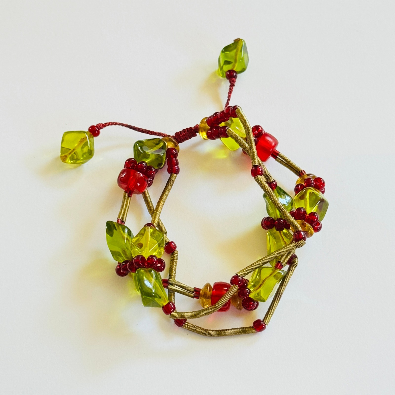 Orna Lalo Bracelet Glass Signed Multi strand Red green Adjustable pull tie BOHO