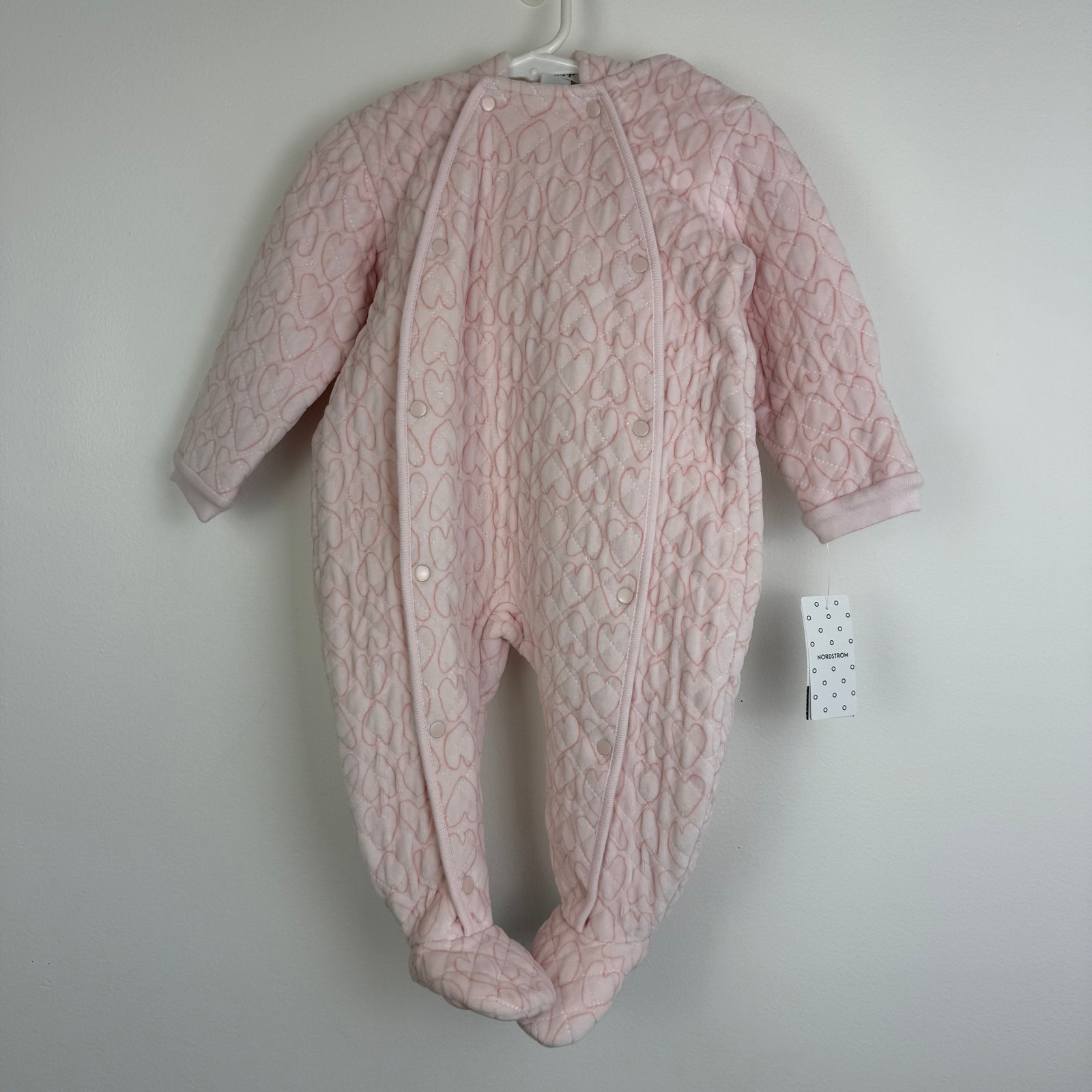 NWT Nordstrom Infant Baby Girls Heart Quilted Hooded Footed Pink Bunting 12M