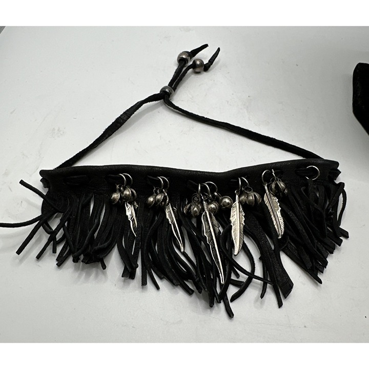 Black Leather Fringed Silver Tone Feathers Beads Native American Bracelet Anklet