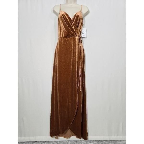 AFTER SIX STYLE 1536 GOLDEN ALMOND LUX VELVET WRAP MAXI DRESS POCKETS Size S