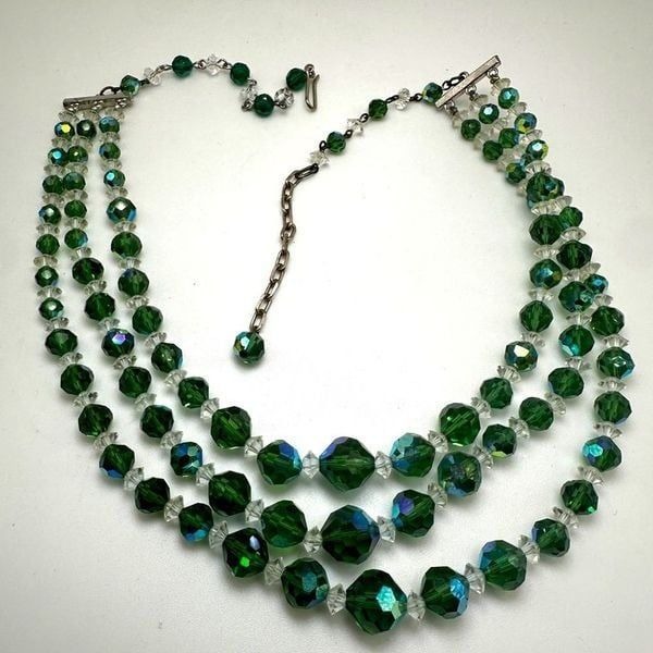 INCREDIBLE VTG Aurora Borealis green and clear crystal, three-stranded necklace!