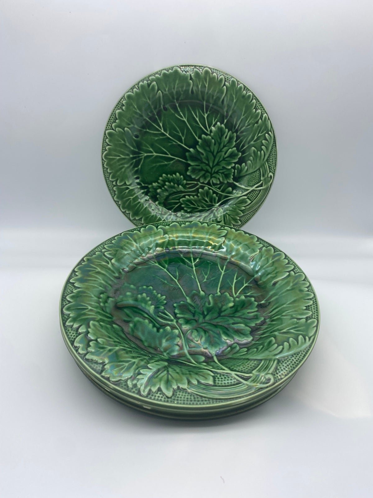 5 Antique Richard Ginori Green Majolica Leaf Plates Italian Pottery