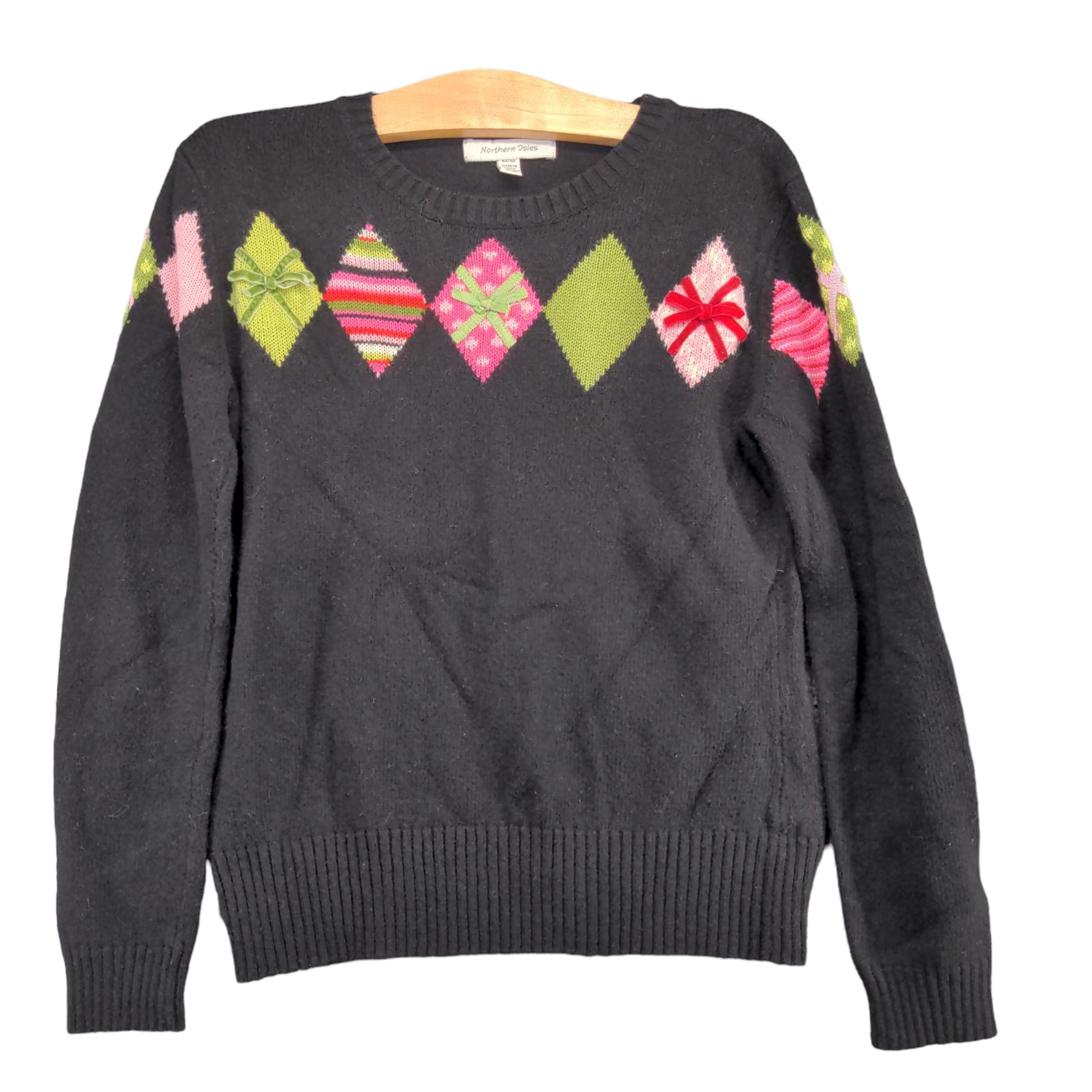 Northern Isles Women's Knit Sweater Black Medium Long Sleeve Argyle Wool Blend