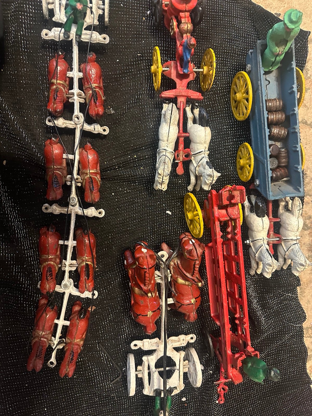 Cast iron toy lot fire pump fire wagon Clydesdale horses