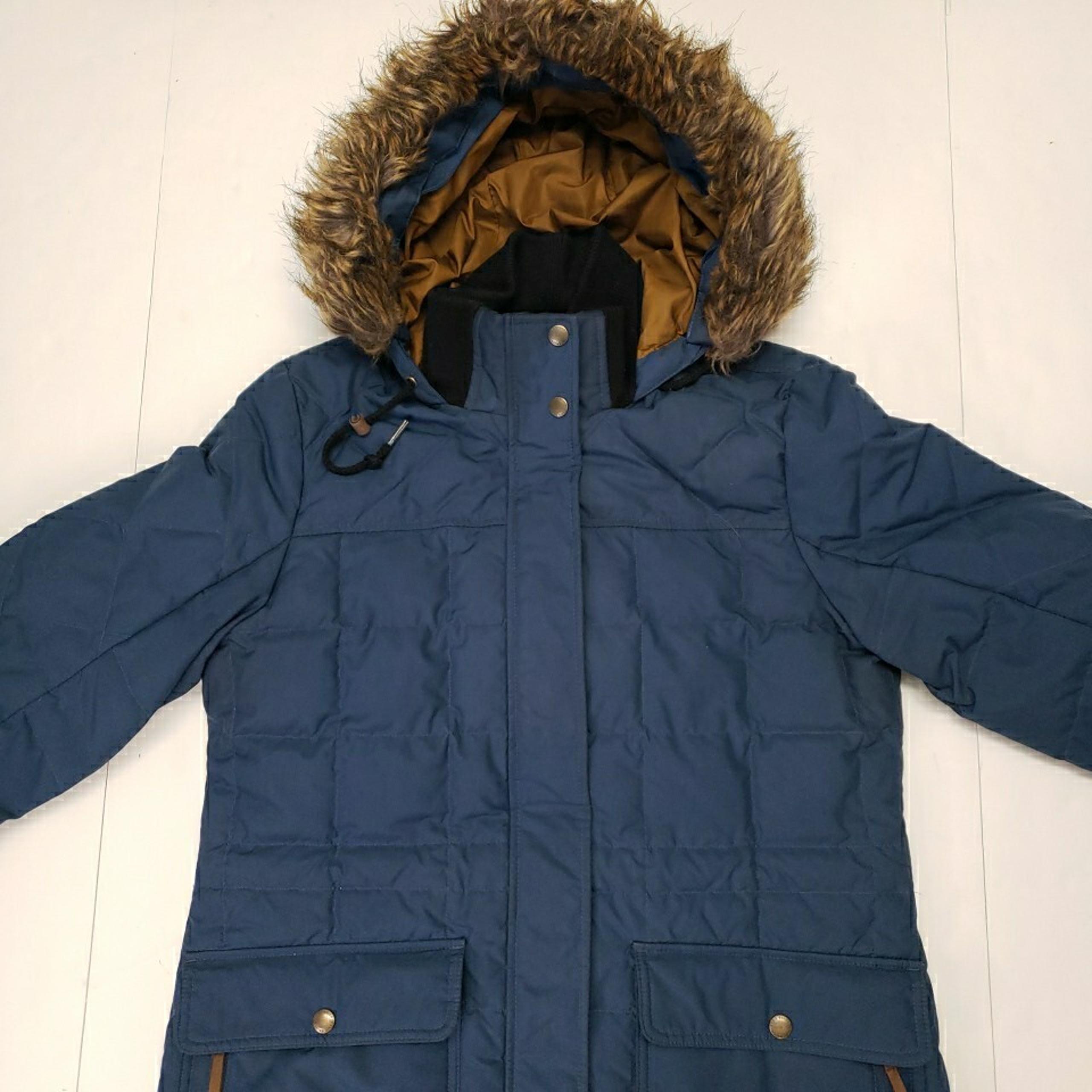 Eddie Bauer EB550 Down Puffer Parka Women's Medium Faux Fur Hooded Coat Blue