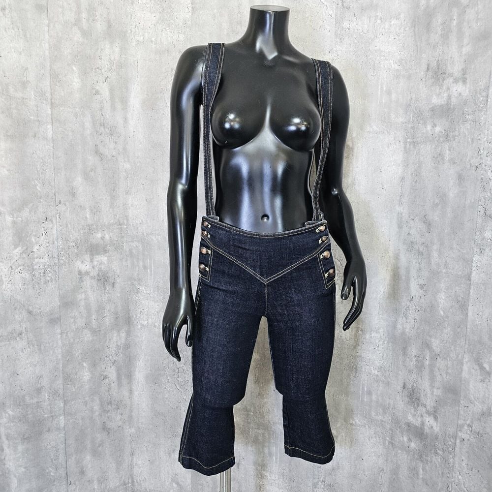 Armani Exchange Womens 2 Dark Wash Denim Bermuda Shorts Suspenders Lederhosen