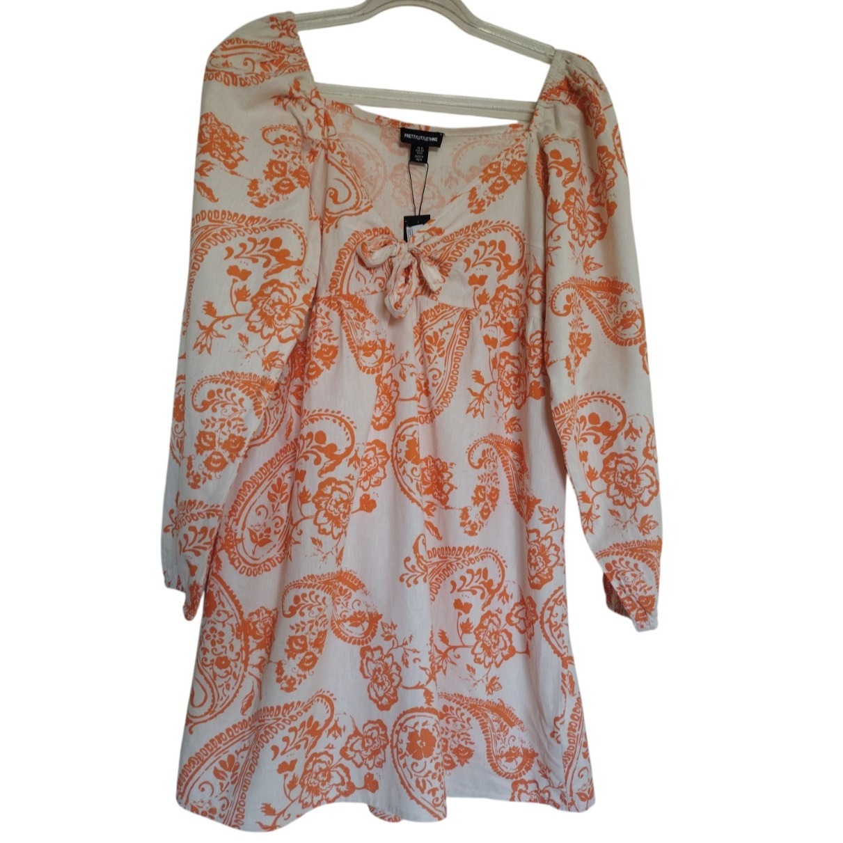 Pretty Little Things Dress Woman 16 Orange Paisley Print Tie Front Bardot Shift