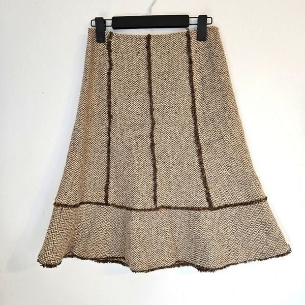 Vintage Ann Taylor LOFT Silk Wool Tan Brown Herringbone Tweed A-Line Skirt 4P