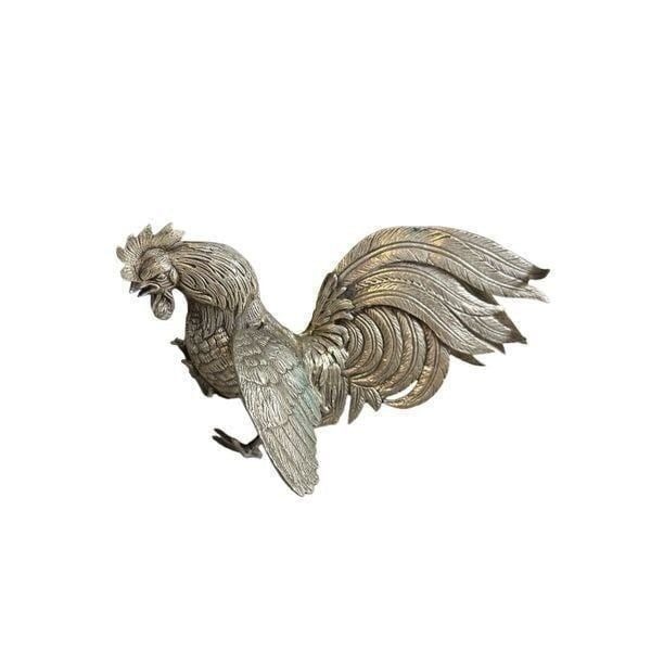 Vintage Cast Metal Fighting Rooster Game Fowl Statue Figure Silvertone 10”
