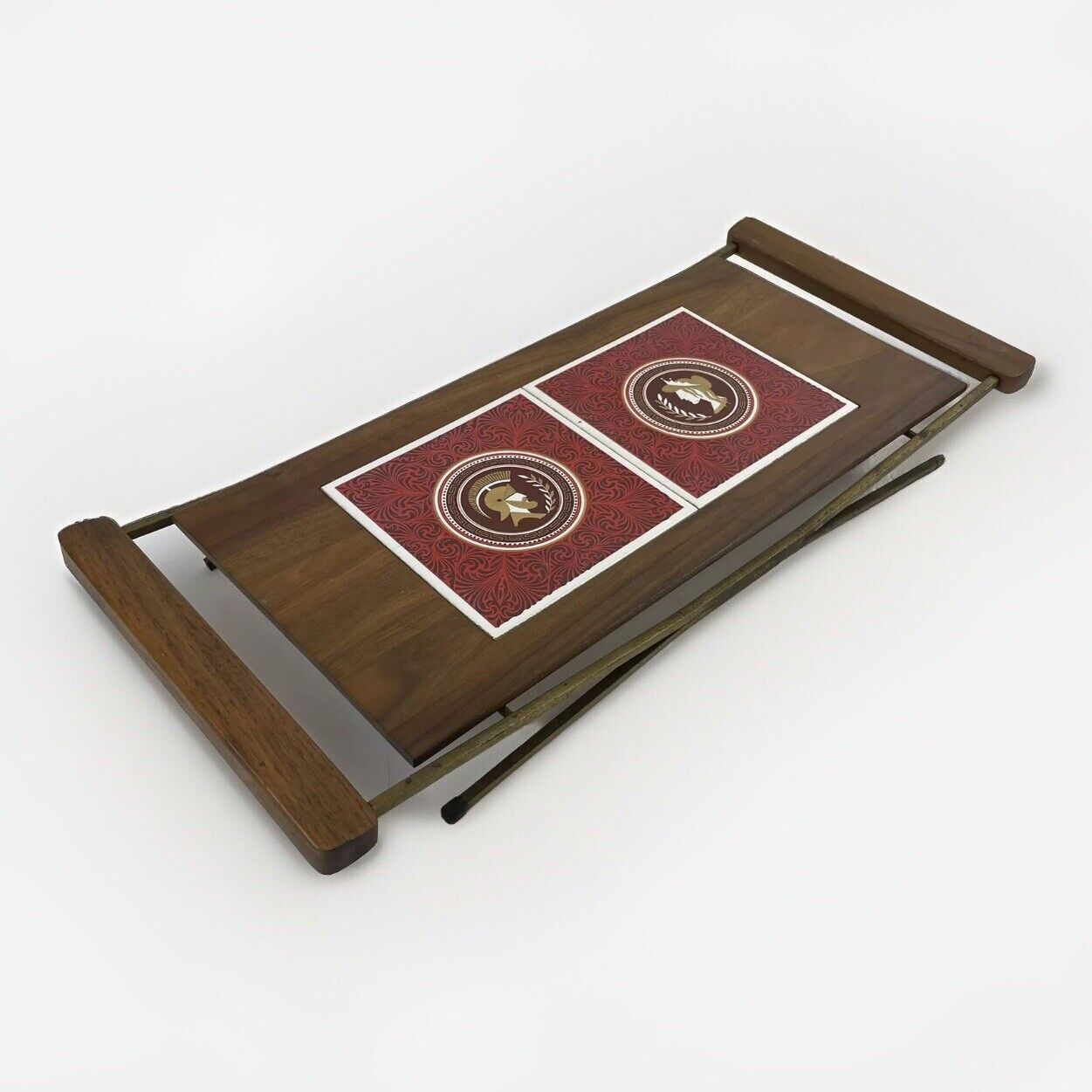 Vintage Mid-Century Modern Teak Wood Tile Serving Board Tray Brass Retro Decor