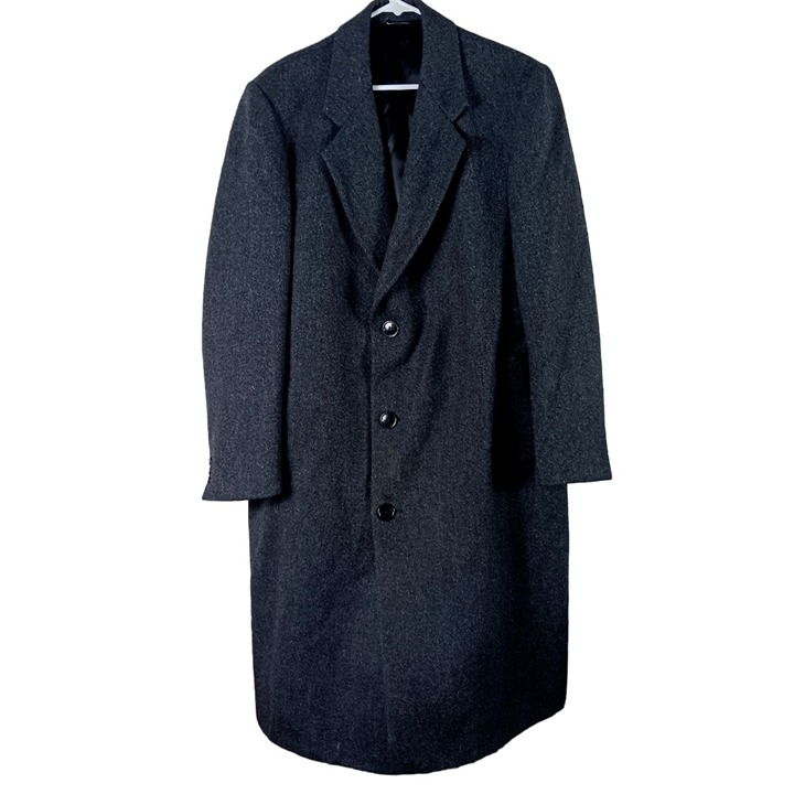 Woodwards Savoy Mens Long Wool Coat Size 44R Charcoal Gray Union Made Lined