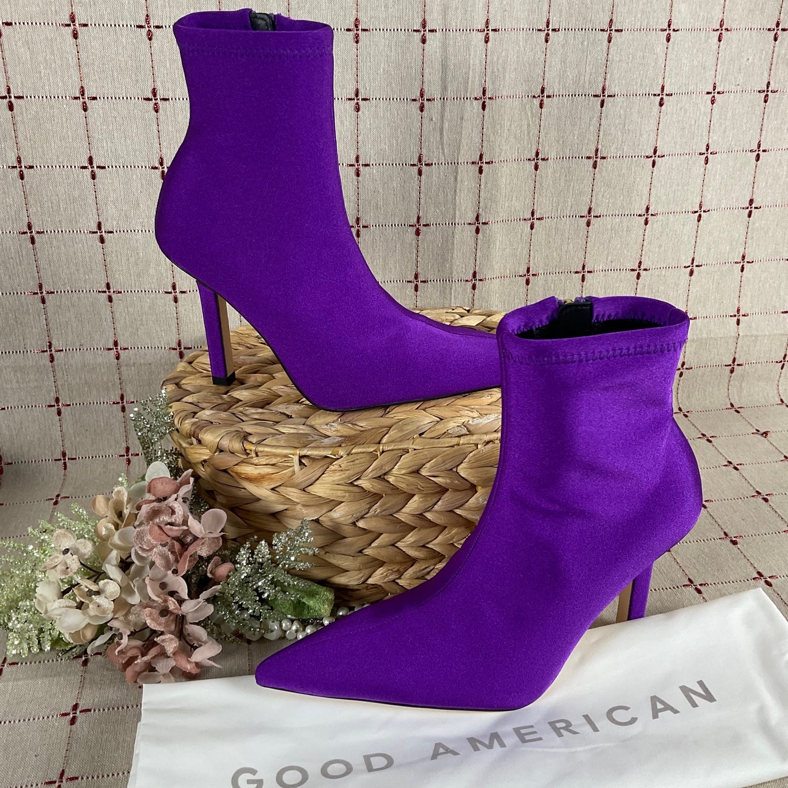 Good American Royal Purple Ankle Boots Pointed Toe Stiletto Neoprene Bootie 6.5