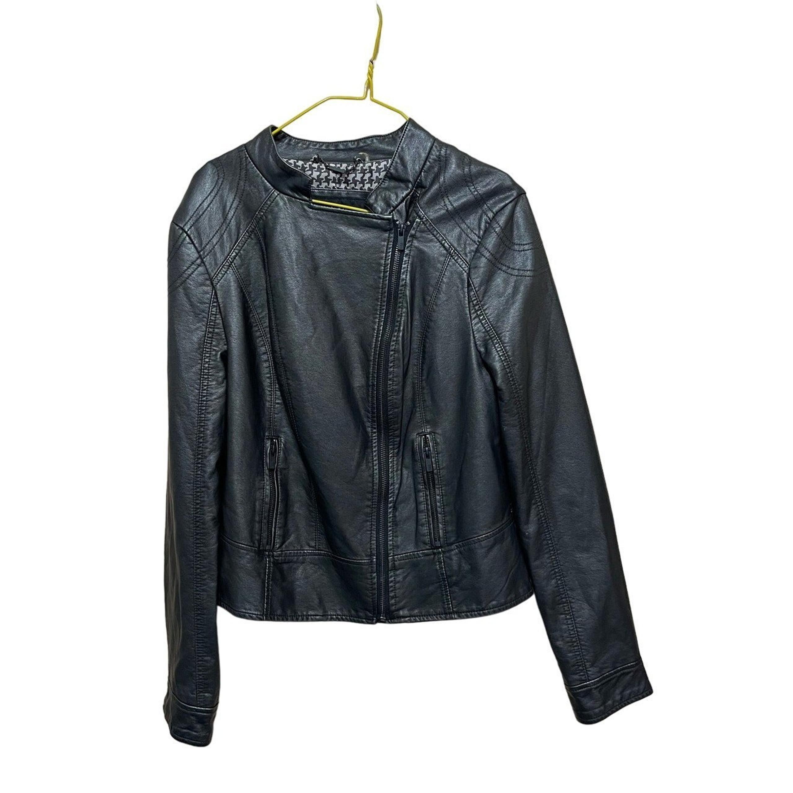 BLACK RIVET FAUX VEGAN LEATHER MOTO BIKER JACKET BLACK ASYMMETRICAL FRONT ZIP L