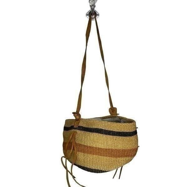 Vintage Handmade Sisal Woven Leather Strap Market Tote Round Bag Tan Black