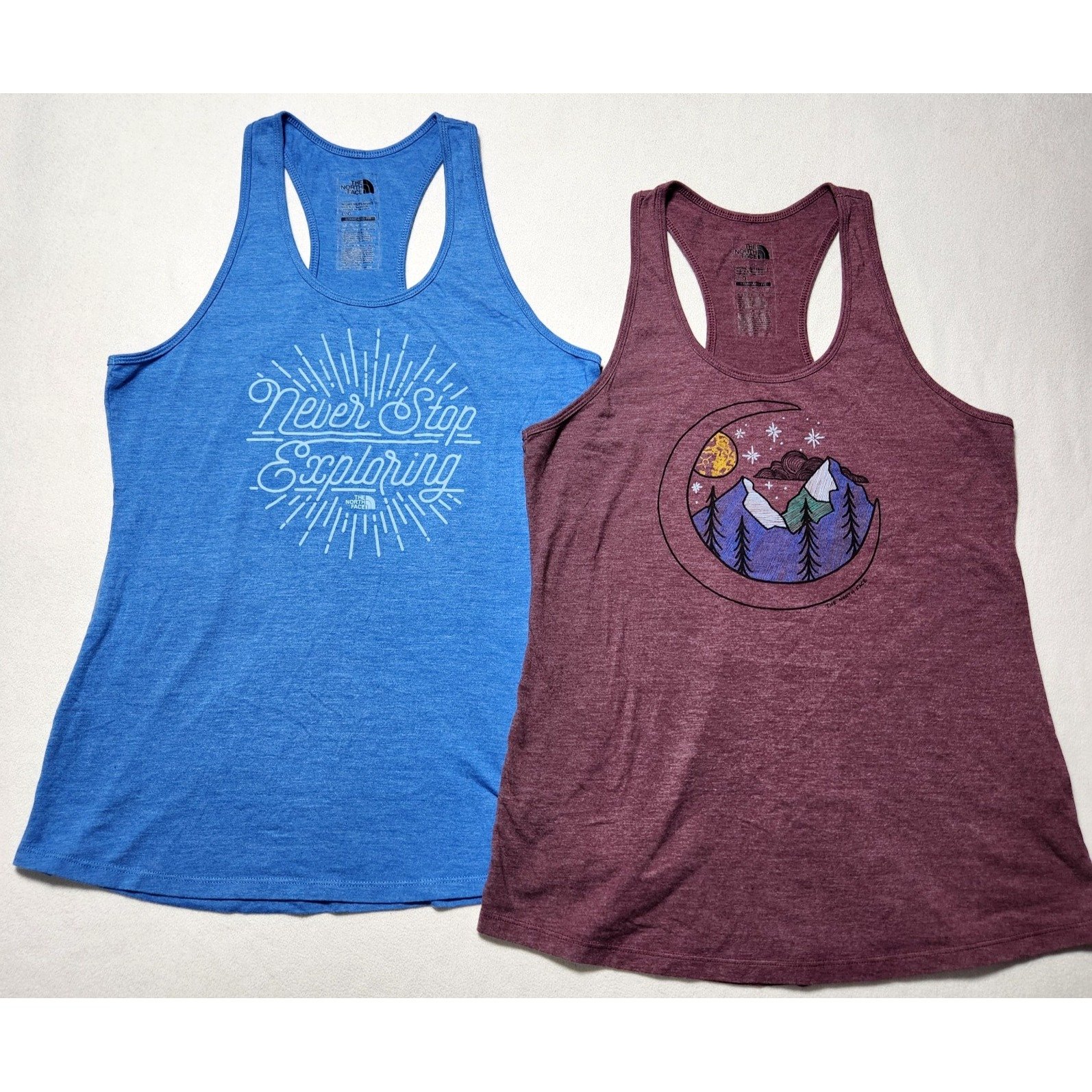 lot of 2 women NORTH FACE tank top Racerback Never Stop Exploring Blue Purple Lg
