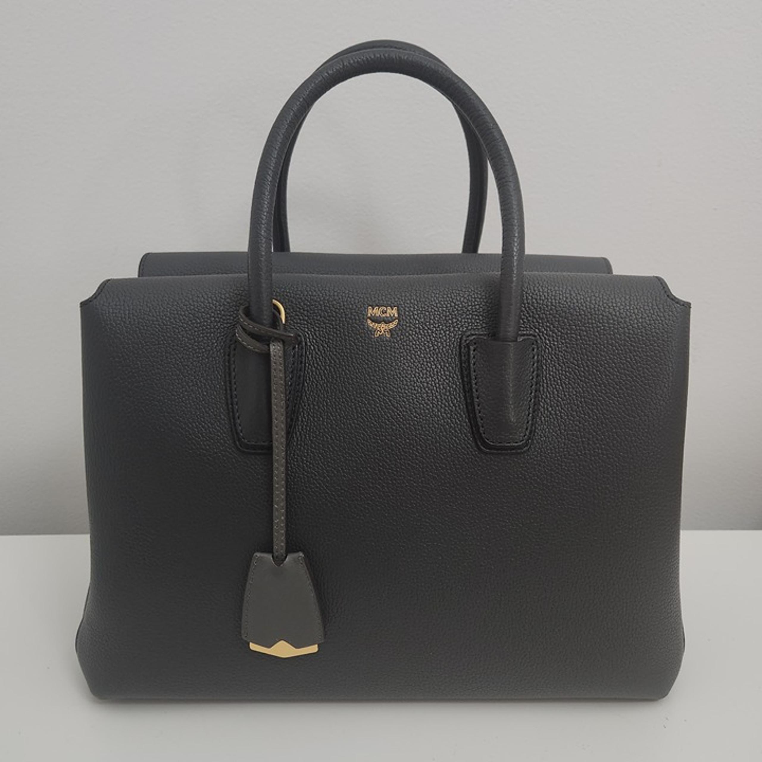 MCM Milla Medium Tote Handbag Phantom Gray Leather No Strap Career Business