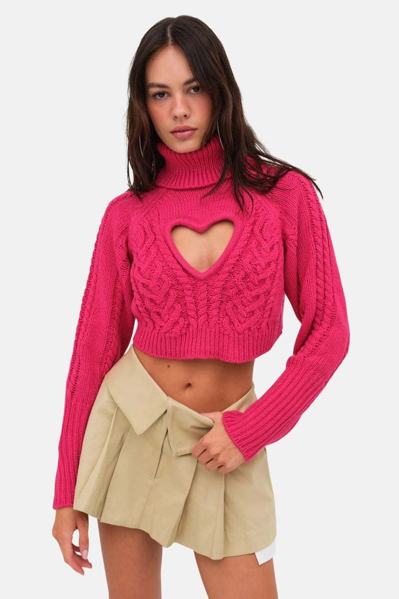 FOR LOVE & LEMONS VERA CROPPED CUT OUT SWEATER - FUCHSIA PINK NWT