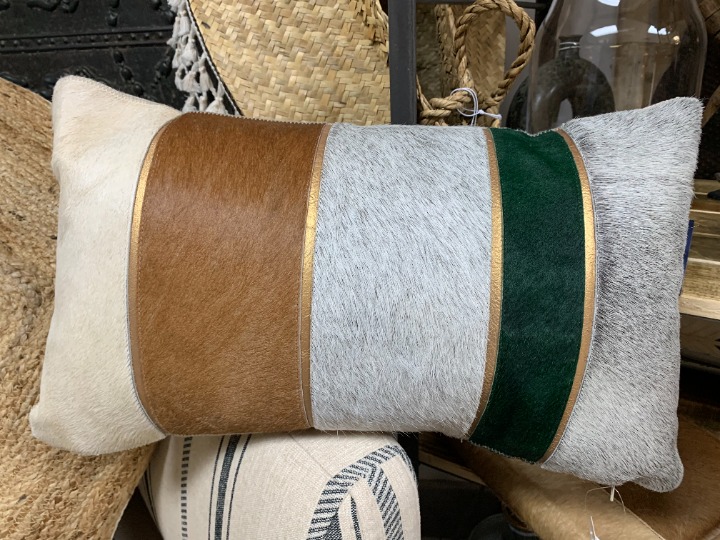 Gray, Tan, Green Hide w/ Gold Stripe Pillow