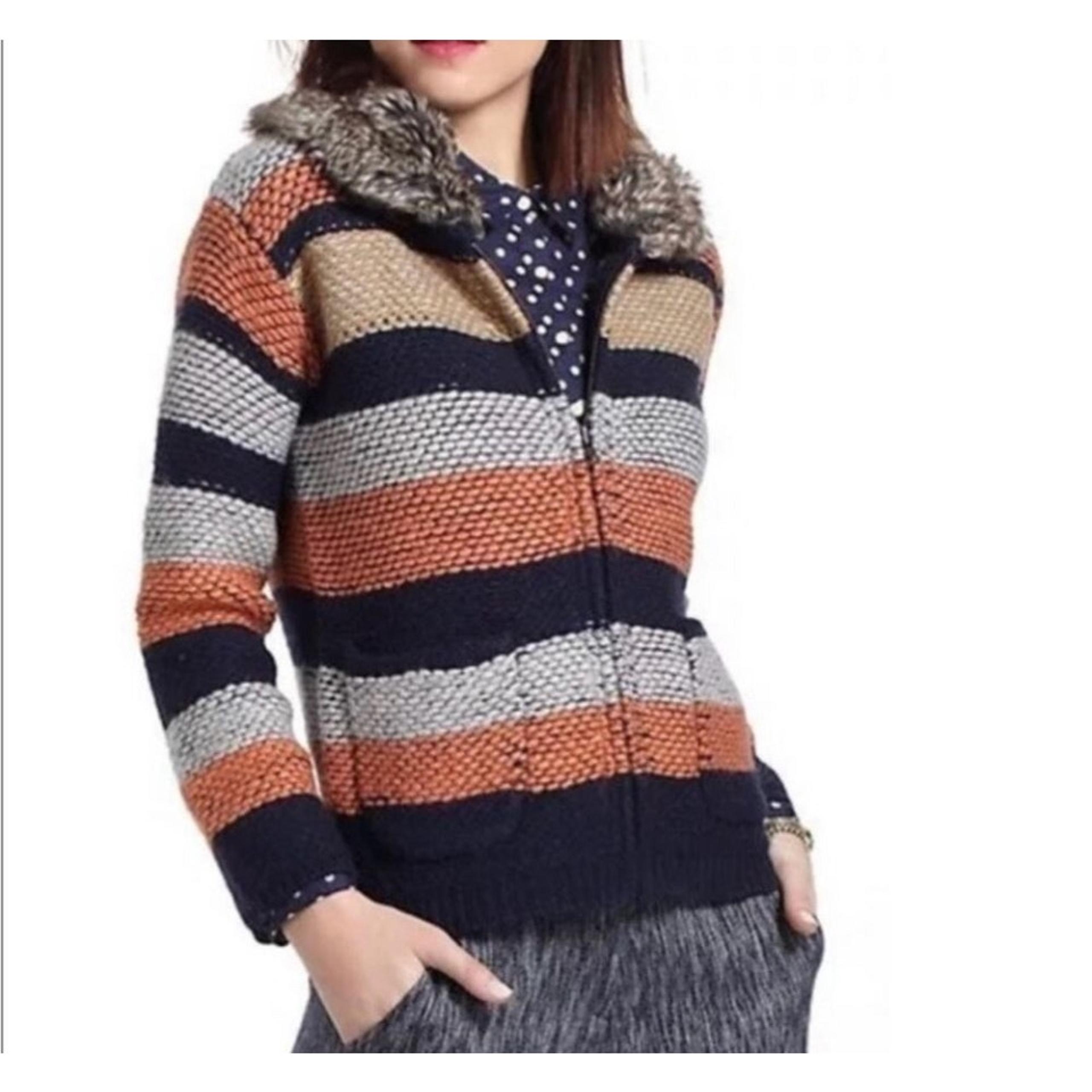 Anthro Sparrow Latitudes Full Zip Faux Fur Sweater Wool Blend Stripes S (2766)