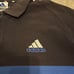 Adidas Polo Shirt, Blue and Black Striped, with Country Flag Tag, 90s.