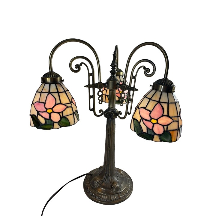 Tiffany Style Floral Stained Glass Shade Bridge 3 Three Arm Table Lamp Detailed