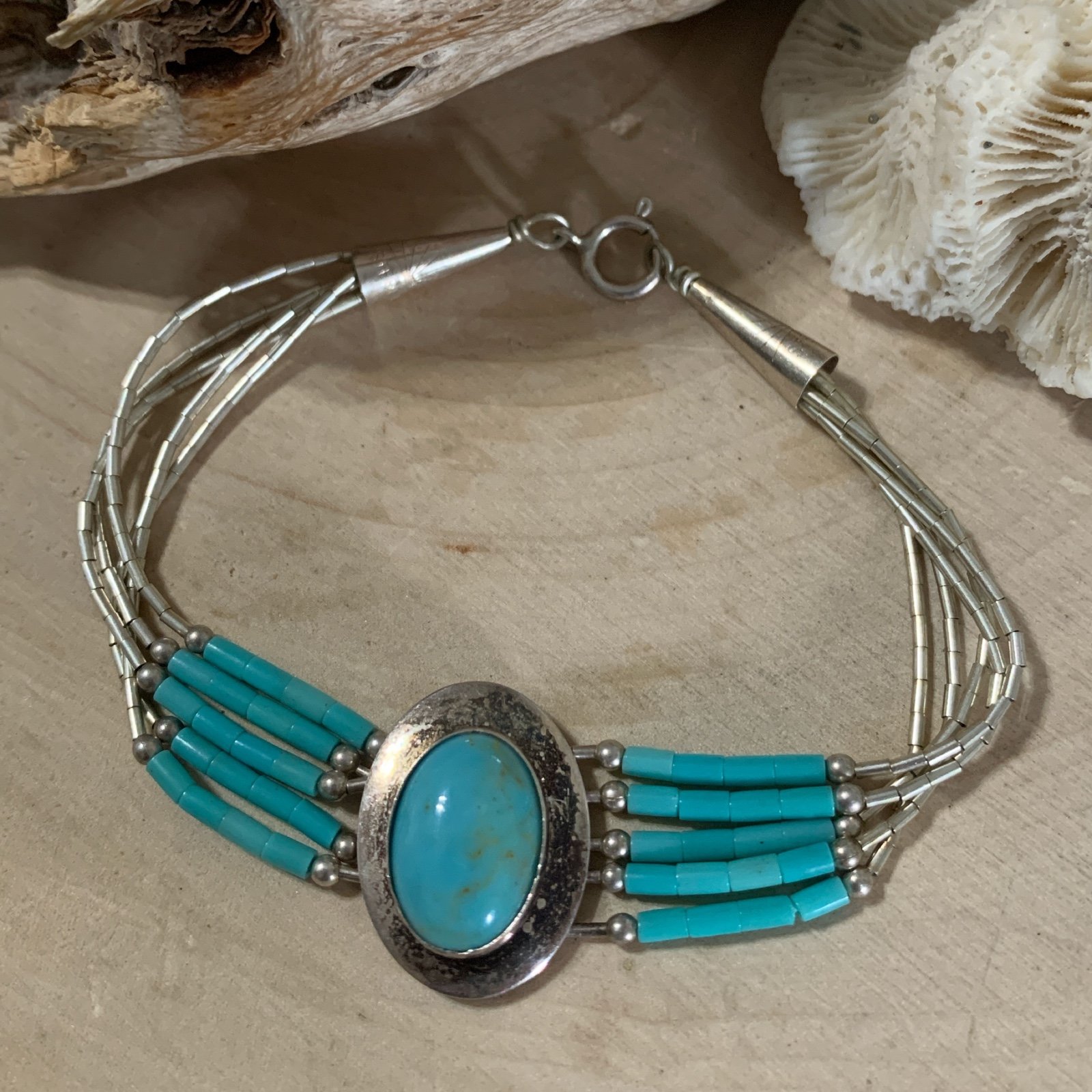 Vintage Southwestern Sterling Silver Liquid Silver Turquoise Accent Five Strand