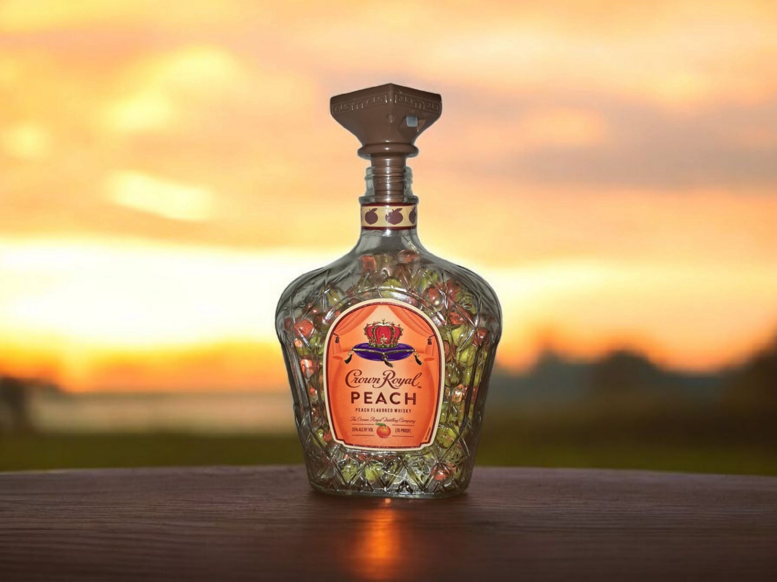 Solar Powered Crown Royal Peach Liquor Bottle Lamp; Filled w/ Cat Eye Marbles