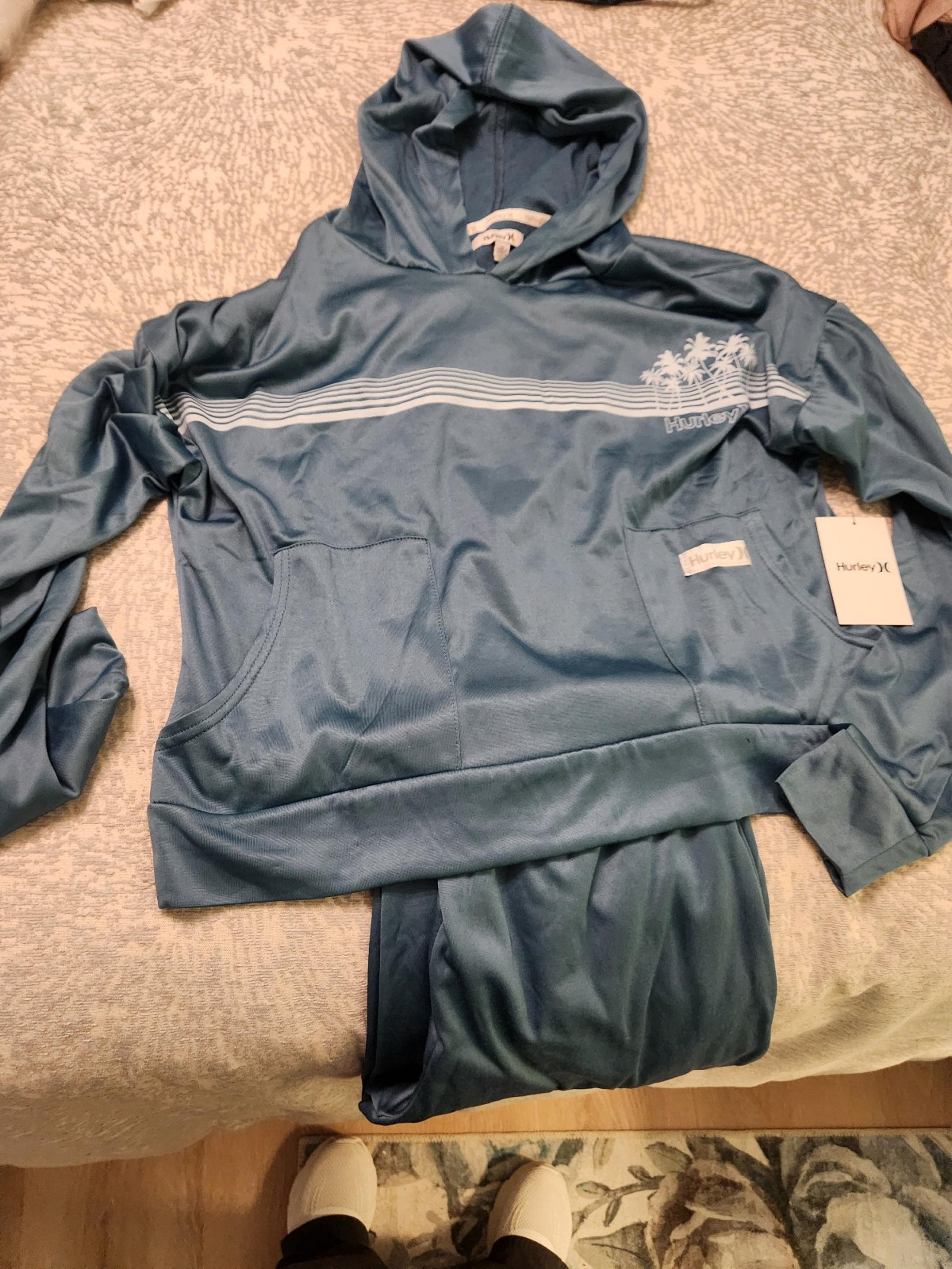 Hurley 2 Pc Hoodie + Jogger leggings soft and cozy blue Lounge Set medium NWT
